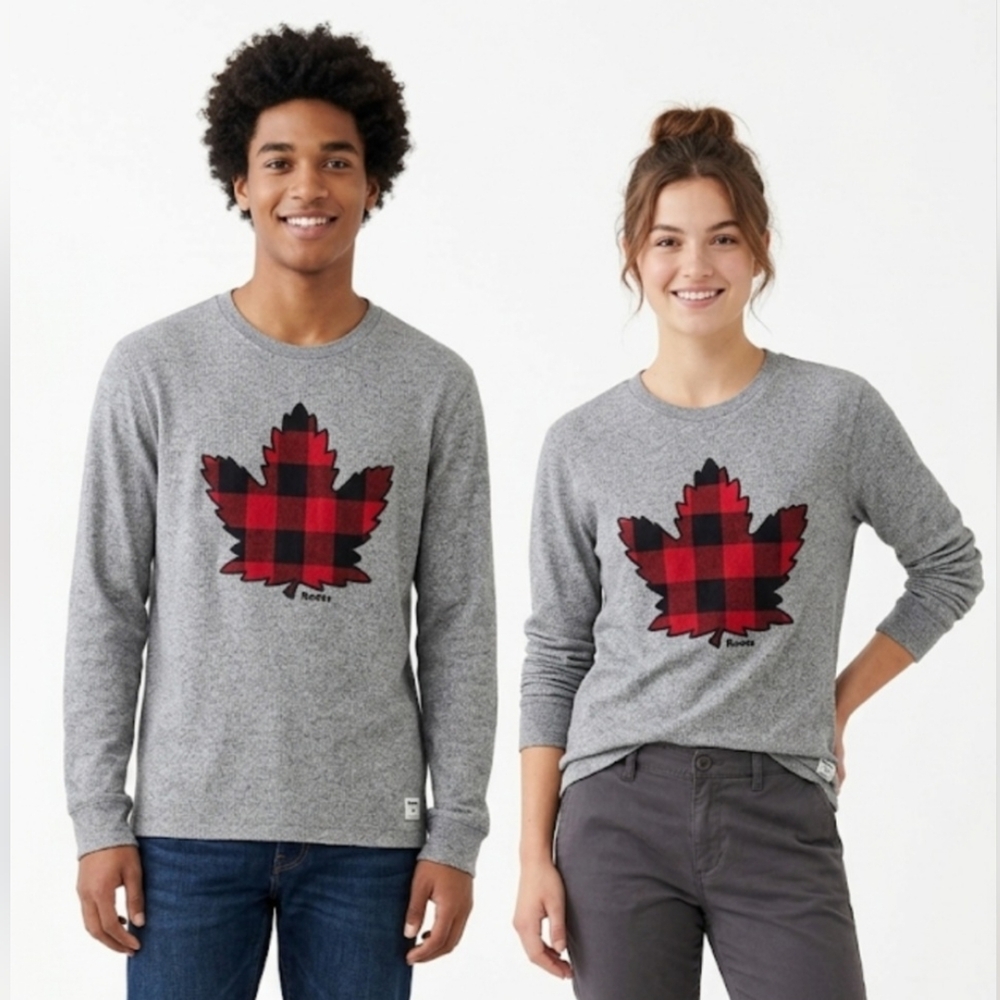 Roots Gender Free Grey Long Sleeve Plaid Shirt with Maple Leaf size:L - Picture 1 of 7